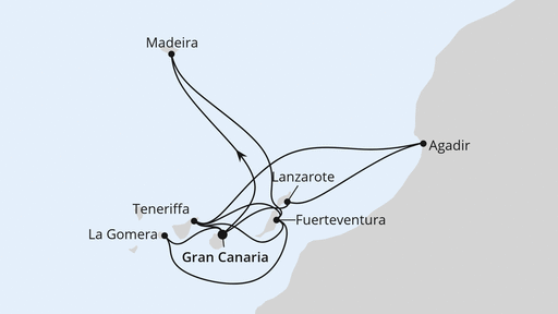 Routenverlauf für Große Kanaren-Reise mit Madeira & Marokko mit AIDAsol am 27.02.28