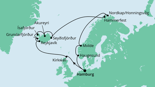 Routenverlauf für Große Islandrundreise mit Nordkap mit AIDAsol am 04.06.23 Routenverlauf für Große Islandrundreise mit Nordkap mit AIDAsol am 04.06.23
