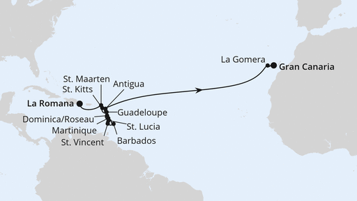 Routenverlauf für Von der Dominikanischen Republik nach Gran Canaria mit AIDAsol am 14.03.26 Routenverlauf für Von der Dominikanischen Republik nach Gran Canaria mit AIDAsol am 14.03.26