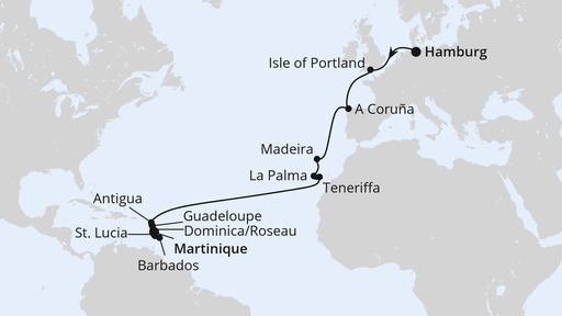 Routenverlauf für Von Hamburg nach Martinique mit AIDAsol am 26.10.25 Routenverlauf für Von Hamburg nach Martinique mit AIDAsol am 26.10.25
