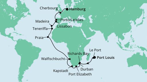 Routenverlauf für Von Mauritius nach Hamburg 1 mit AIDAsol am 18.01.23 Routenverlauf für Von Mauritius nach Hamburg 1 mit AIDAsol am 18.01.23