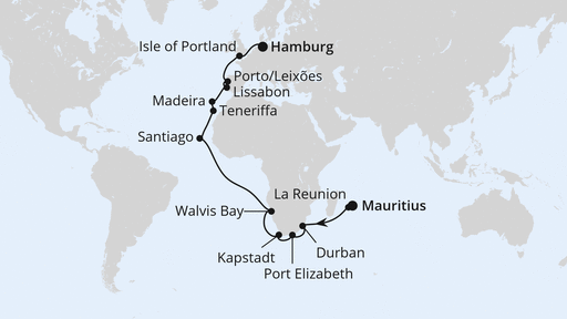 Routenverlauf für Von Mauritius nach Hamburg mit AIDAsol am 19.01.24 Routenverlauf für Von Mauritius nach Hamburg mit AIDAsol am 19.01.24