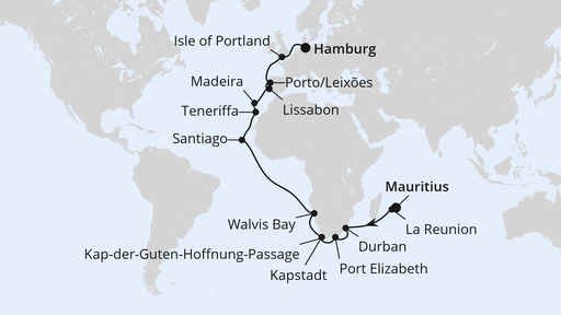 Routenverlauf für Von Mauritius nach Hamburg mit AIDAsol am 15.01.25