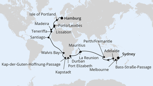 Routenverlauf für Von Sydney nach Hamburg mit AIDAsol am 29.12.24