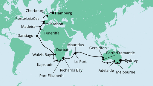 Routenverlauf für Von Sydney nach Hamburg mit AIDAsol am 31.12.22