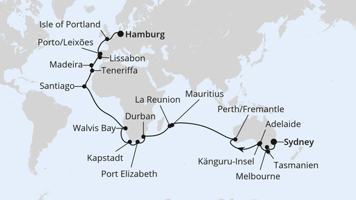Routenverlauf für Von Sydney nach Hamburg mit AIDAsol am 31.12.23