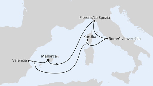 Routenverlauf für Mediterrane Schätze ab Mallorca mit AIDAstella am 13.04.24 Routenverlauf für Mediterrane Schätze ab Mallorca mit AIDAstella am 13.04.24