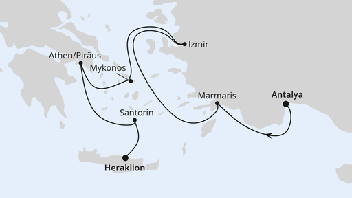 Routenverlauf für Türkei & Griechenland ab Antalya mit AIDAstella am 22.04.26 Routenverlauf für Türkei & Griechenland ab Antalya mit AIDAstella am 22.04.26