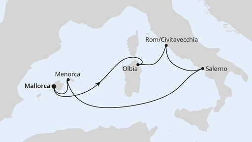Routenverlauf für Italien & Balearen ab Mallorca mit AIDAstella am 10.06.27