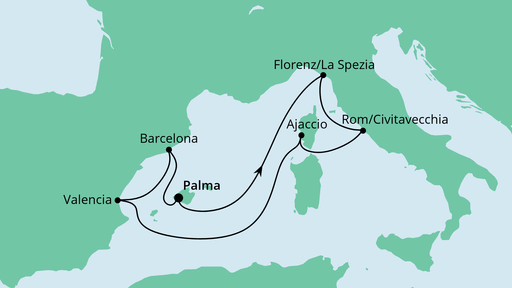 Routenverlauf für Mediterrane Schätze 2 mit AIDAstella am 29.04.23 Routenverlauf für Mediterrane Schätze 2 mit AIDAstella am 29.04.23