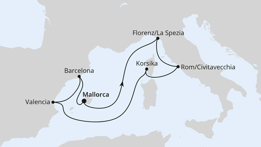Routenverlauf für Mediterrane Schätze mit Valencia mit AIDAstella am 27.04.24 Routenverlauf für Mediterrane Schätze mit Valencia mit AIDAstella am 27.04.24