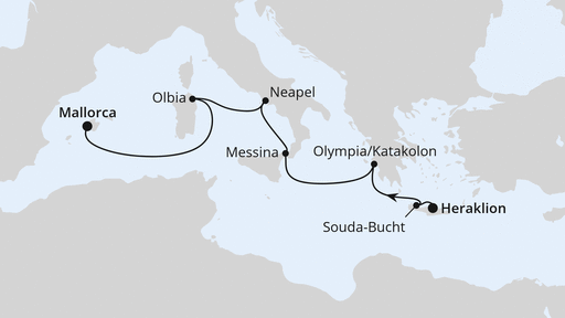 Routenverlauf für Griechenland & Italien ab Kreta mit AIDAstella am 29.04.26 Routenverlauf für Griechenland & Italien ab Kreta mit AIDAstella am 29.04.26