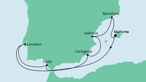 Routenverlauf für Spanien mit Lissabon mit AIDAstella am 04.02.22 Routenverlauf für Spanien mit Lissabon mit AIDAstella am 04.02.22