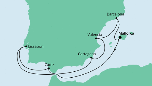 Routenverlauf für Spanien mit Lissabon mit AIDAstella am 27.01.23