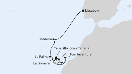Routenverlauf für Von Teneriffa nach Lissabon mit AIDAstella am 21.03.24 Routenverlauf für Von Teneriffa nach Lissabon mit AIDAstella am 21.03.24
