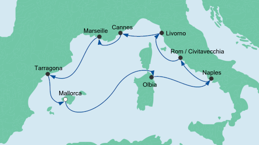 Routenverlauf für Mediterrane Highlights mit AIDAstella am 21.05.20