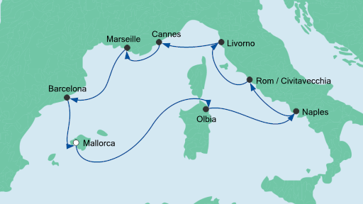 Routenverlauf für Mediterrane Highlights mit AIDAstella am 24.09.20 Routenverlauf für Mediterrane Highlights mit AIDAstella am 24.09.20