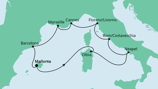 Routenverlauf für Mediterrane Highlights mit AIDAstella am 29.07.21 Routenverlauf für Mediterrane Highlights mit AIDAstella am 29.07.21
