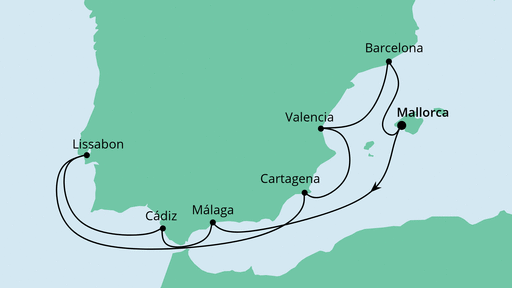 Routenverlauf für Spanien & Portugal mit AIDAstella am 01.09.22