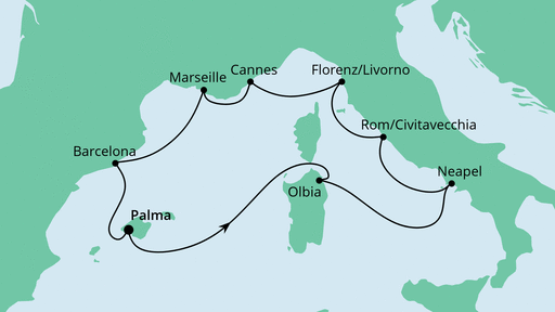 Routenverlauf für Mediterrane Highlights mit AIDAstella am 29.06.23 Routenverlauf für Mediterrane Highlights mit AIDAstella am 29.06.23