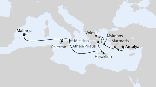 Routenverlauf für Griechenland & Italien ab Antalya mit AIDAstella am 13.10.25 Routenverlauf für Griechenland & Italien ab Antalya mit AIDAstella am 13.10.25