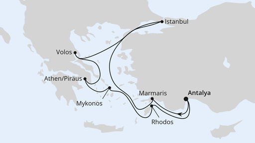 Routenverlauf für Östliches Mittelmeer mit Istanbul mit AIDAstella am 02.04.26 Routenverlauf für Östliches Mittelmeer mit Istanbul mit AIDAstella am 02.04.26
