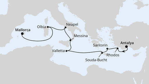Routenverlauf für Griechenland, Malta & Italien ab Antalya mit AIDAstella am 02.05.26 Routenverlauf für Griechenland, Malta & Italien ab Antalya mit AIDAstella am 02.05.26