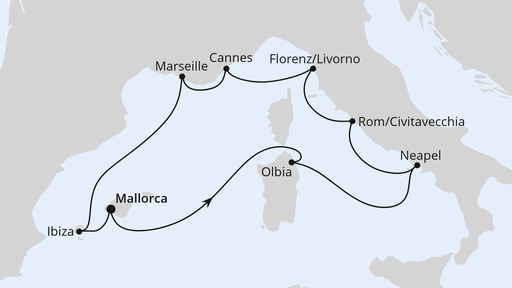 Routenverlauf für Mediterrane Highlights ab Mallorca mit AIDAstella am 30.07.26 Routenverlauf für Mediterrane Highlights ab Mallorca mit AIDAstella am 30.07.26
