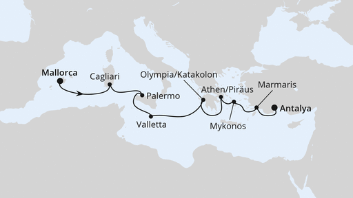 Routenverlauf für Italien, Griechenland & Türkei ab Mallorca mit AIDAstella am 01.10.26