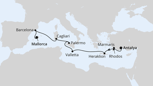 Routenverlauf für Italien, Griechenland & Spanien ab Antalya mit AIDAstella am 22.10.26 Routenverlauf für Italien, Griechenland & Spanien ab Antalya mit AIDAstella am 22.10.26