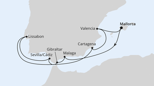 Routenverlauf für Spanien, Portugal & Gibraltar ab Mallorca mit AIDAstella am 17.06.27