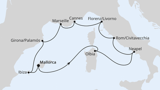 Routenverlauf für Mediterrane Highlights ab Mallorca mit AIDAstella am 08.07.27