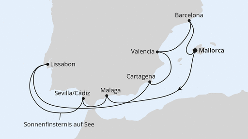 Routenverlauf für Spanien & Portugal mit Sonnenfinsternis mit AIDAstella am 29.07.27