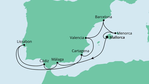 Routenverlauf für Spanien, Portugal & Balearen mit AIDAstella am 08.05.22