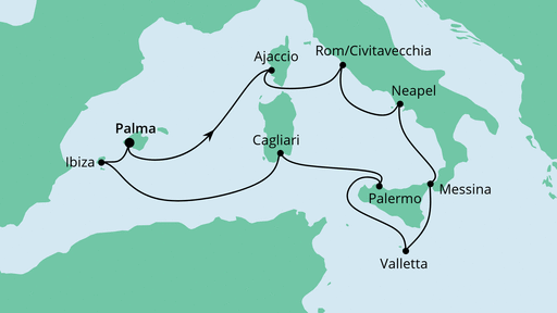 Routenverlauf für Italien & Mittelmeerinseln mit AIDAstella am 09.07.23 Routenverlauf für Italien & Mittelmeerinseln mit AIDAstella am 09.07.23