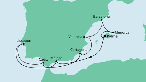 Routenverlauf für Spanien, Portugal & Balearen mit AIDAstella am 30.07.23