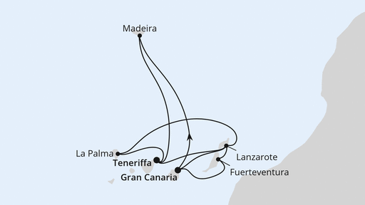 Routenverlauf für Kanarische Inselwelt & Madeira 2 mit AIDAstella am 19.11.23 Routenverlauf für Kanarische Inselwelt & Madeira 2 mit AIDAstella am 19.11.23