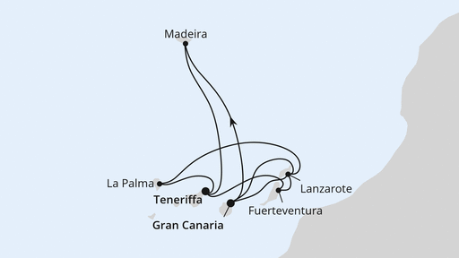 Routenverlauf für Kanarische Inselwelt & Madeira 2 mit AIDAstella am 17.12.23 Routenverlauf für Kanarische Inselwelt & Madeira 2 mit AIDAstella am 17.12.23
