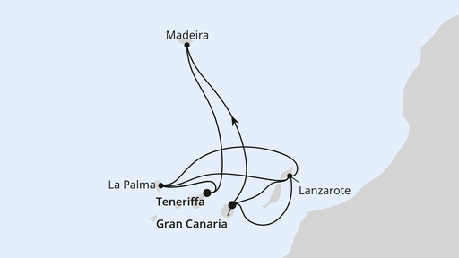 Routenverlauf für Kanarische Inselwelt & Madeira 2 mit AIDAstella am 11.02.24 Routenverlauf für Kanarische Inselwelt & Madeira 2 mit AIDAstella am 11.02.24