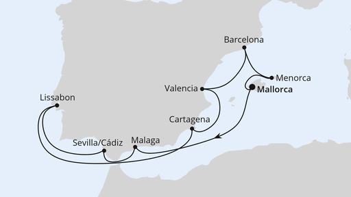 Routenverlauf für Spanien, Portugal & Balearen mit AIDAstella am 16.06.24 Routenverlauf für Spanien, Portugal & Balearen mit AIDAstella am 16.06.24