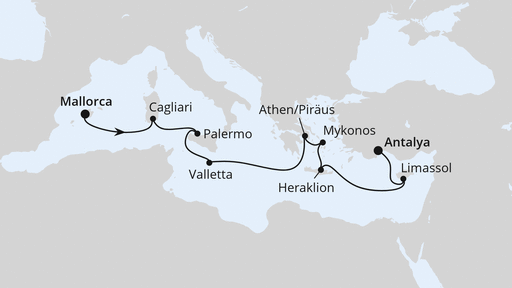 Routenverlauf für Von Mallorca nach Antalya mit AIDAstella am 02.10.25 Routenverlauf für Von Mallorca nach Antalya mit AIDAstella am 02.10.25