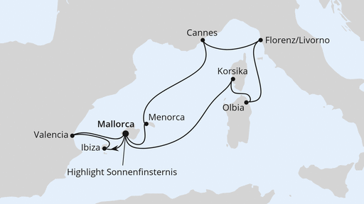 Routenverlauf für Mittelmeerinseln mit Sonnenfinsternis ab Mallorca mit AIDAstella am 09.08.26 Routenverlauf für Mittelmeerinseln mit Sonnenfinsternis ab Mallorca mit AIDAstella am 09.08.26