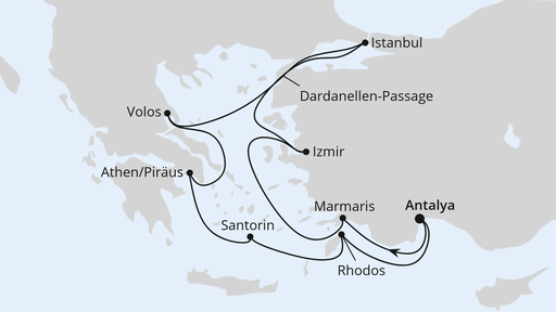 Routenverlauf für Östliches Mittelmeer mit Istanbul ab Antalya 2 mit AIDAstella am 11.10.26