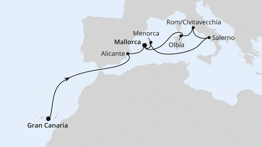 Routenverlauf für Italien & Balearen ab Gran Canaria mit AIDAstella am 06.06.27
