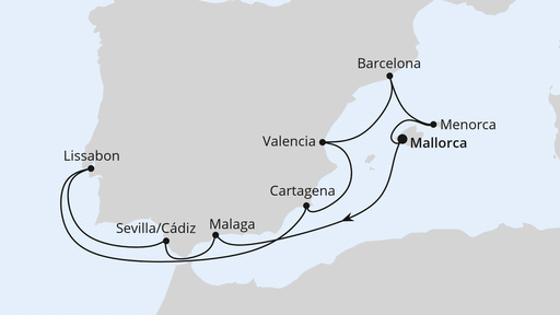 Routenverlauf für Spanien, Portugal & Balearen ab Mallorca mit AIDAstella am 27.06.27