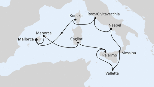 Routenverlauf für Italien & Mittelmeerinseln ab Mallorca mit AIDAstella am 29.08.27