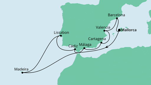 Routenverlauf für Spanien, Portugal & Madeira mit AIDAstella am 26.10.20