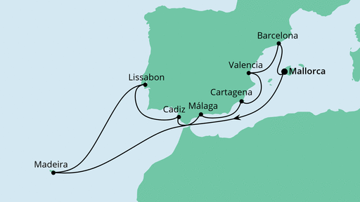 Routenverlauf für Spanien, Portugal & Madeira mit AIDAstella am 03.04.21