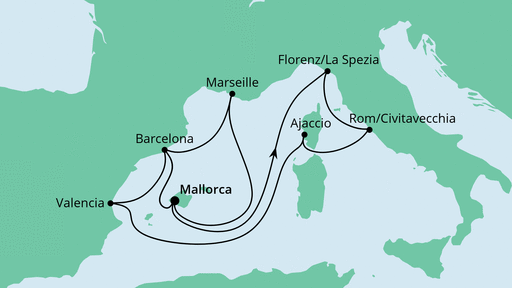 Routenverlauf für Große Osterreise durchs Mittelmeer mit AIDAstella am 16.04.22