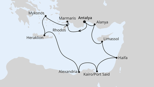 Routenverlauf für Östliches Mittelmeer mit Ägypten & Israel mit AIDAstella am 01.11.26 Routenverlauf für Östliches Mittelmeer mit Ägypten & Israel mit AIDAstella am 01.11.26